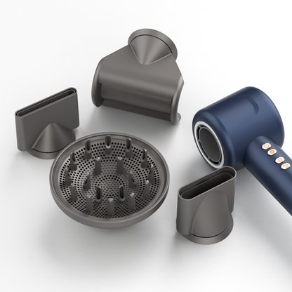 Blue Aeqis Hairdryer with various attachments on a white background