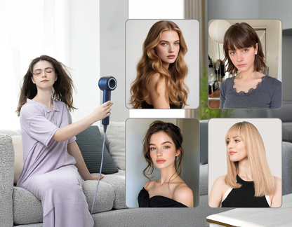 Woman using a Aeqis Hairdryer with before and after effects on her hair displayed.