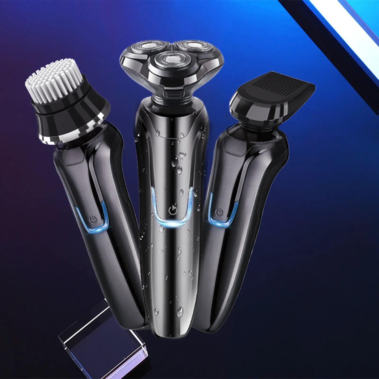Three Aeqis Electric Shaver on a blue gradient background