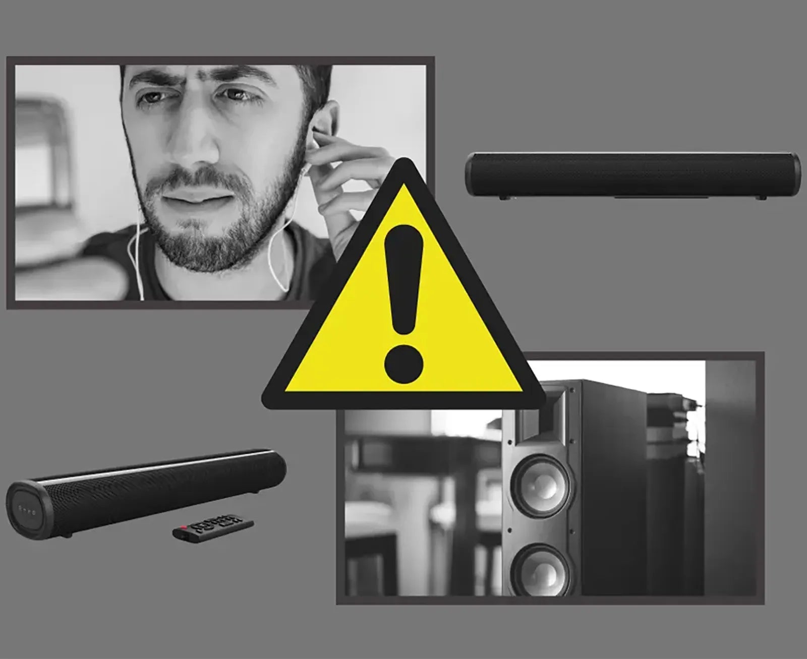 Aeqis Wireless Soundbar with a man on a video call and a warning sign.