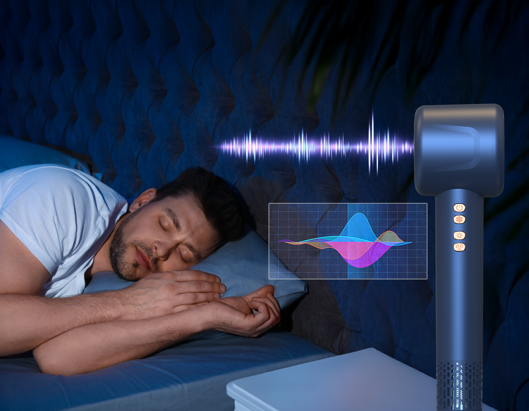Person sleeping with a Aeqis Hairdryer emitting sound waves and a waveform graphic above them.