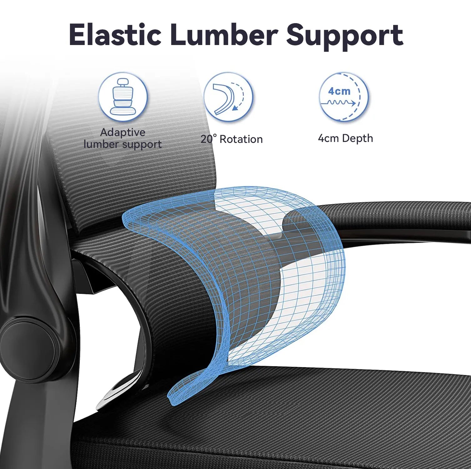 Elastic lumber support feature on a Aerivax Ergonomic Office Chair with labeled benefits.