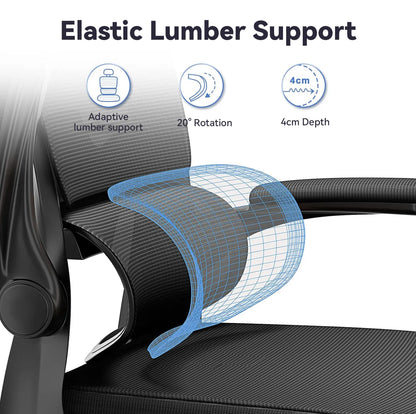 Elastic lumber support feature on a Aerivax Ergonomic Office Chair with labeled benefits.