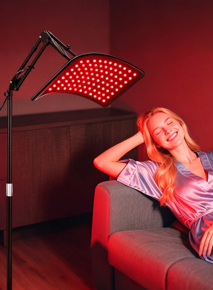 Aerivax Red Light Therapy Device lifestyle portrait - device positioned for full body treatment at home