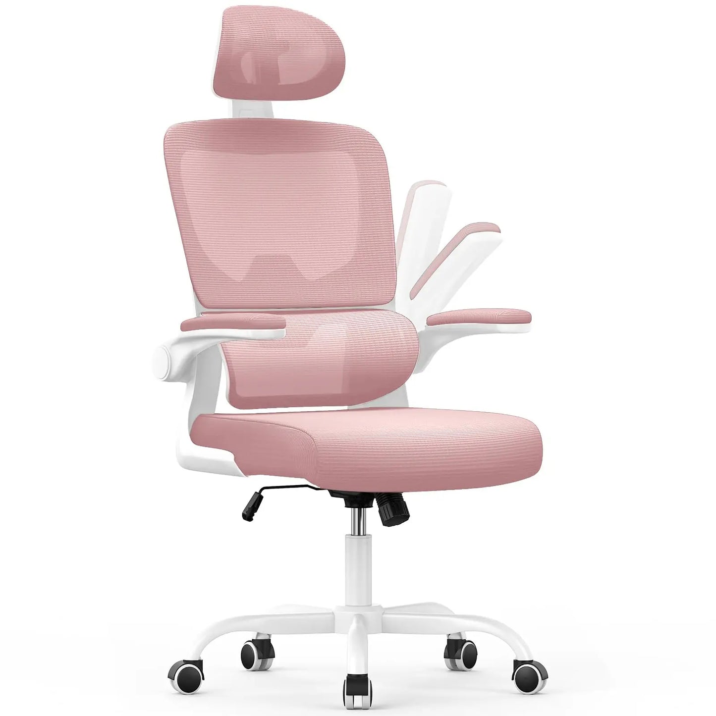 Pink Aerivax office chair with headrest on a white background