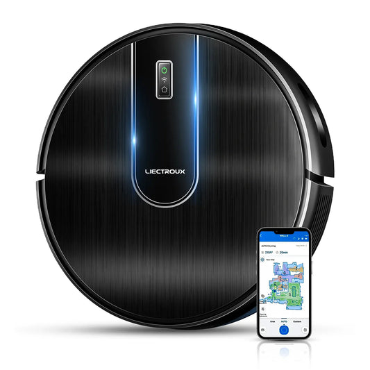 Black AeroBot S7 Pro Robot Vacuum Cleaner with smartphone app on a white background