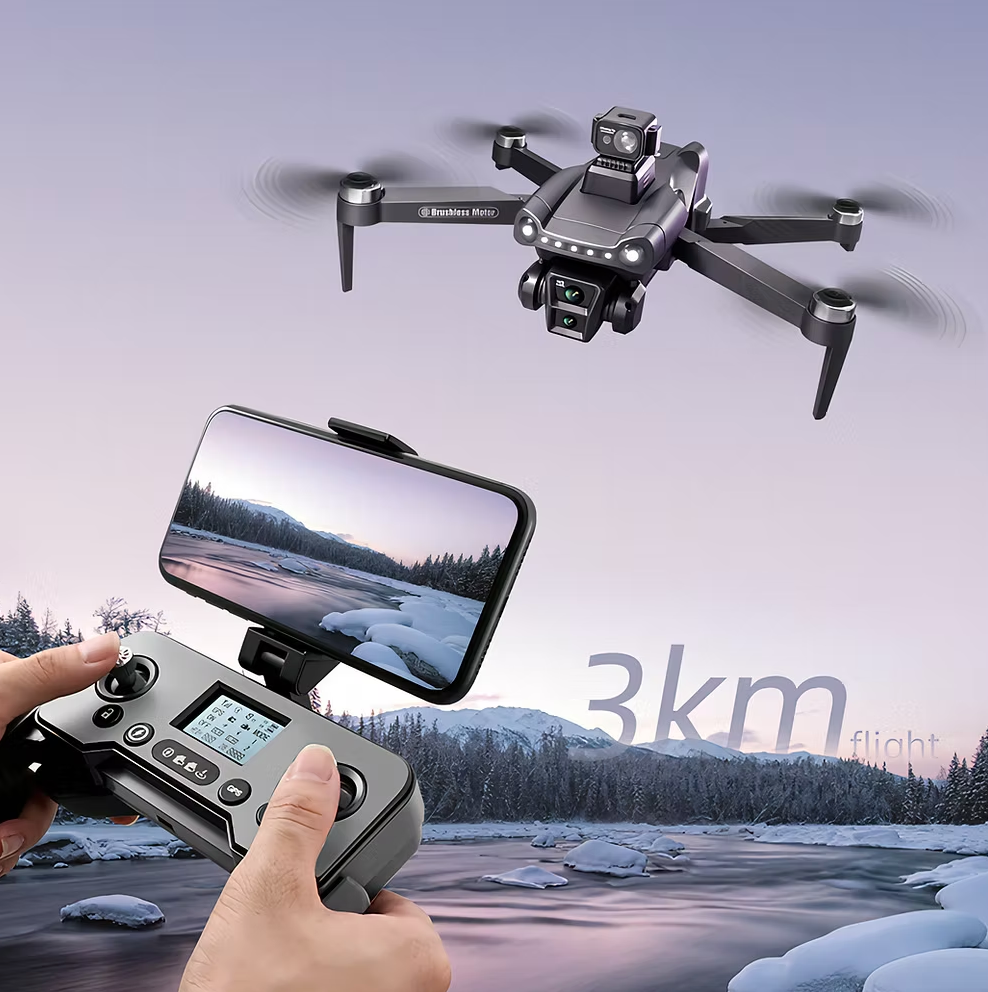 Aerudon Air+ flying over a snowy landscape with a controller and phone displaying the view.