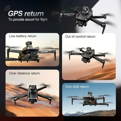 Collage of a Aerudon Air+ Drone with various return features on a dark background