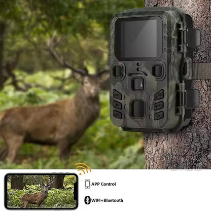AethYrir Wildlife Camera attached to a tree with a deer in the background, showing app control and connectivity features.