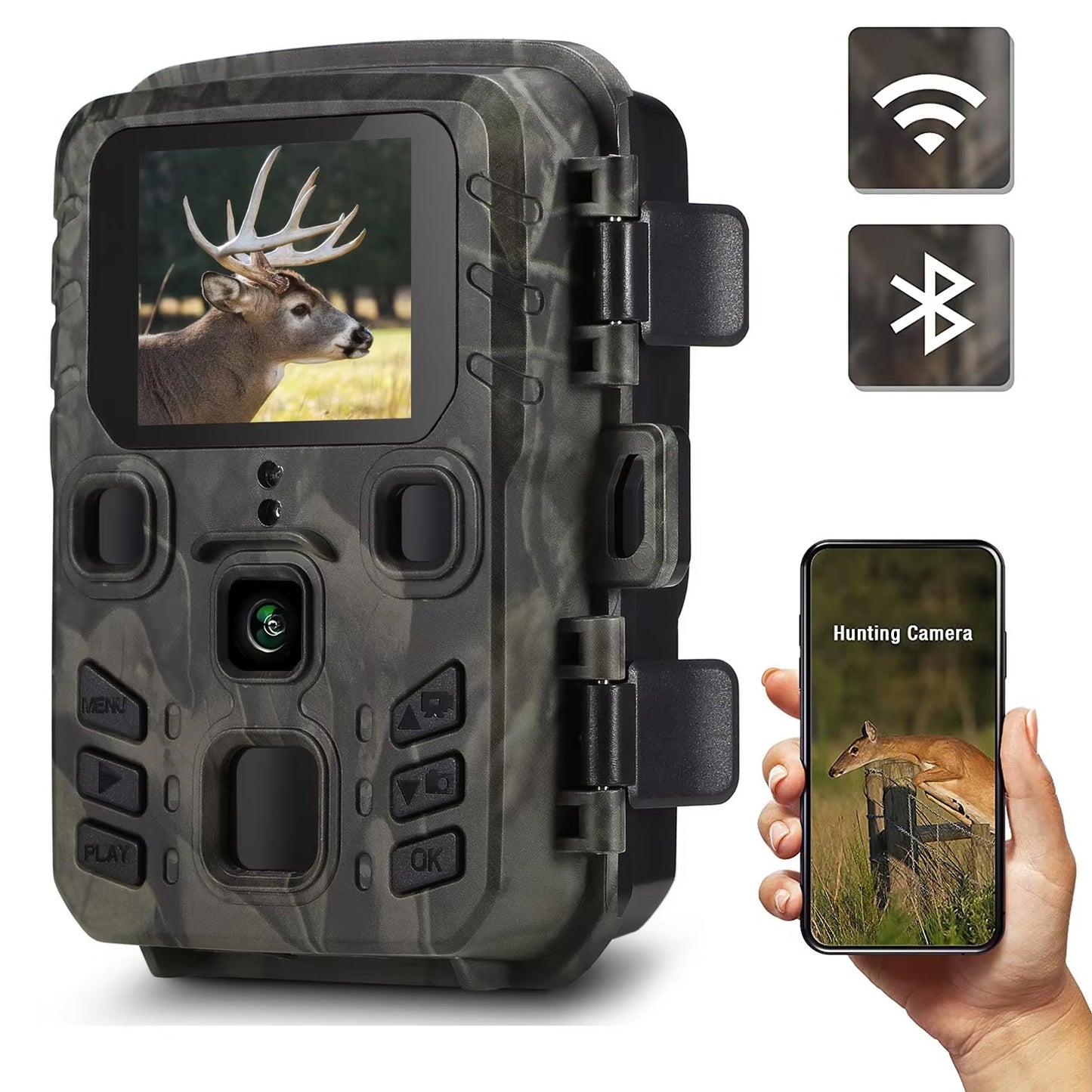AethYrir Wildlife Camera with smartphone displaying deer image, featuring connectivity icons.
