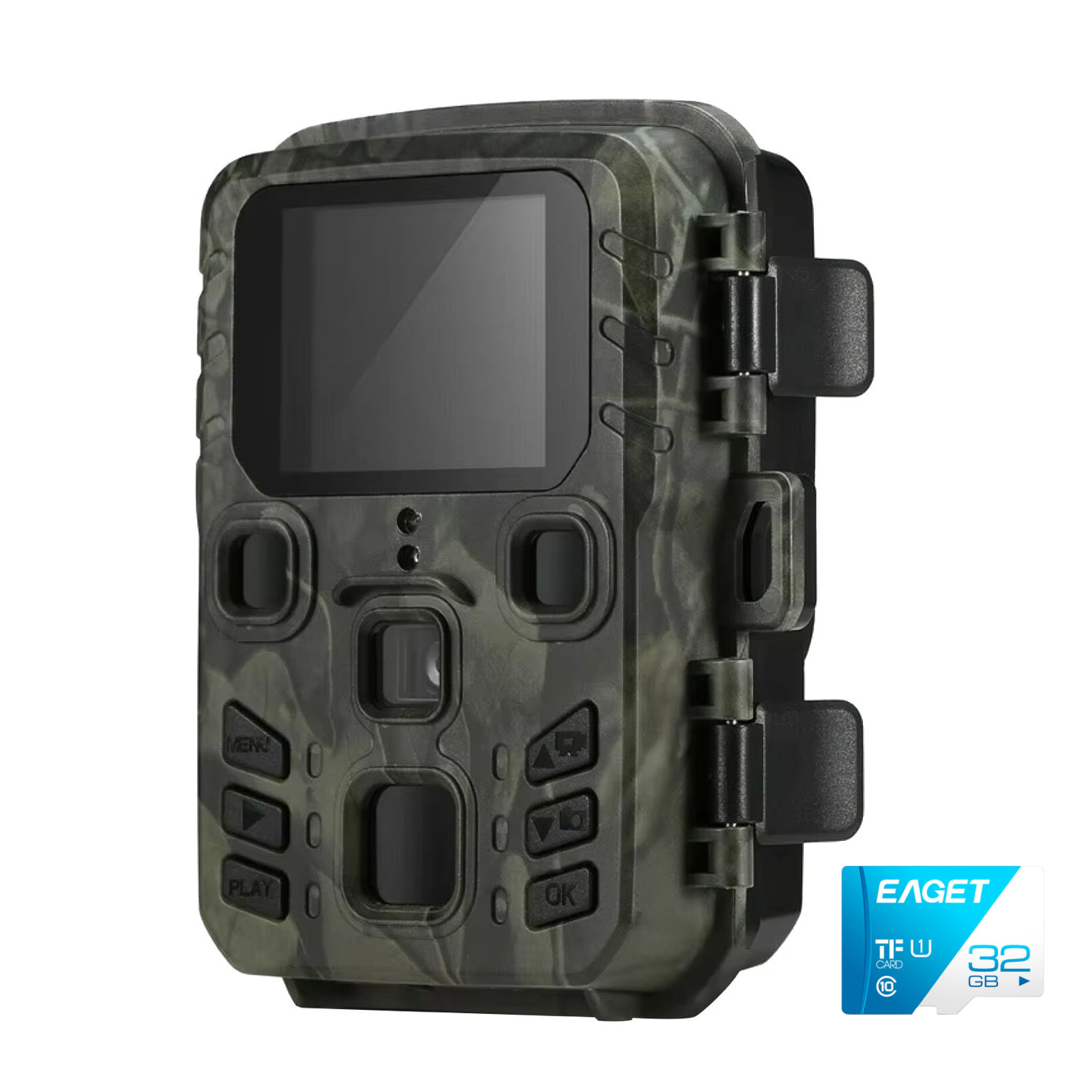 Camouflage-patterned AethYrir Wildlife Camera device with a screen and buttons on a white background, featuring the brand 'Eaget'.