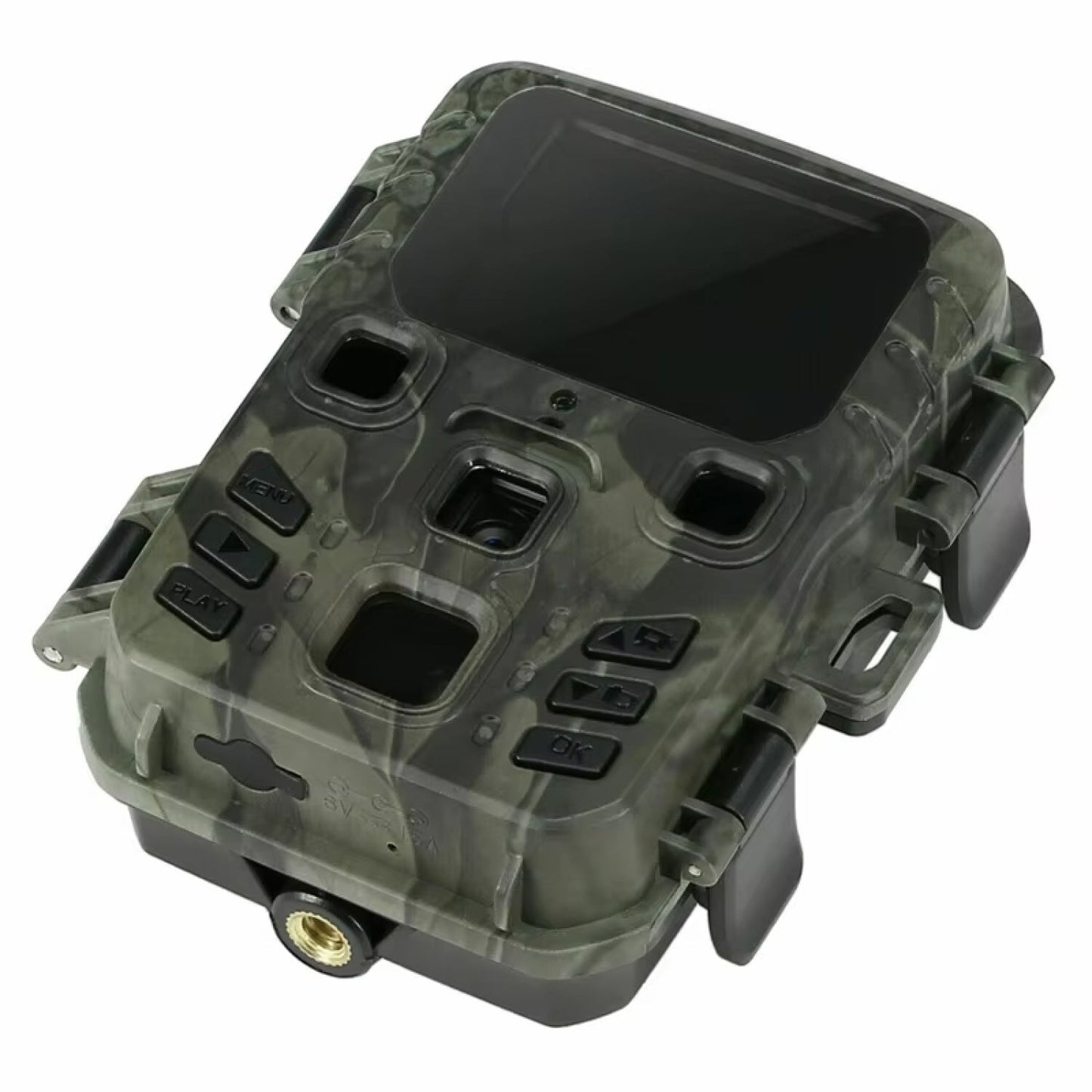 Camouflage-patterned AethYrir Wildlife Camera device with a screen and buttons on a white background