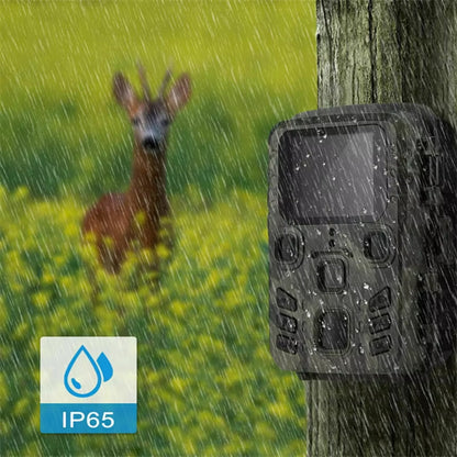 AethYrir Wildlife Camera next to a deer in a natural setting with IP65 water resistance symbol.