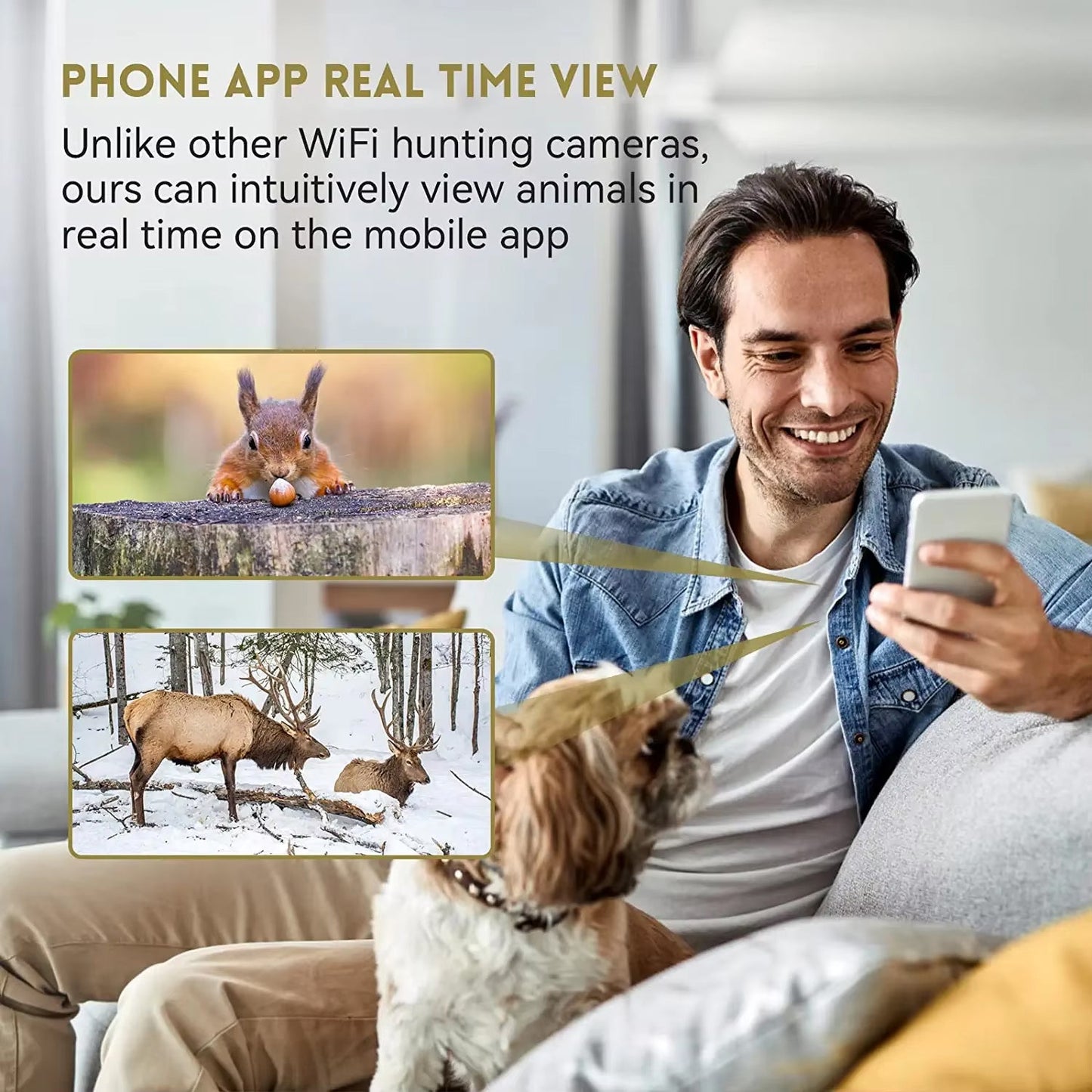 Man sitting on a couch with a dog, using a phone app to view animals in real time.