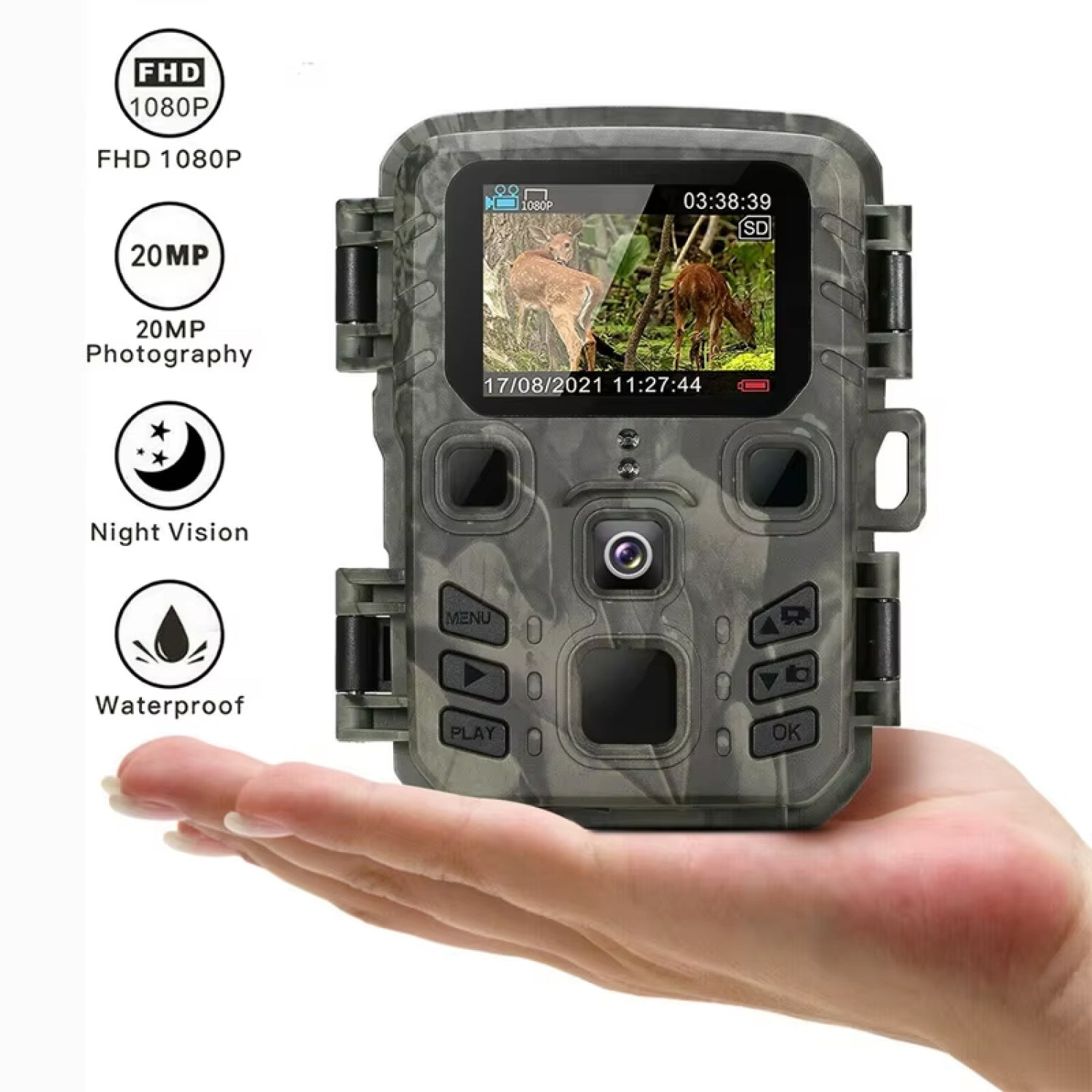 Camouflage trail AethYrir Wildlife Camera held in a hand with features listed on a white background