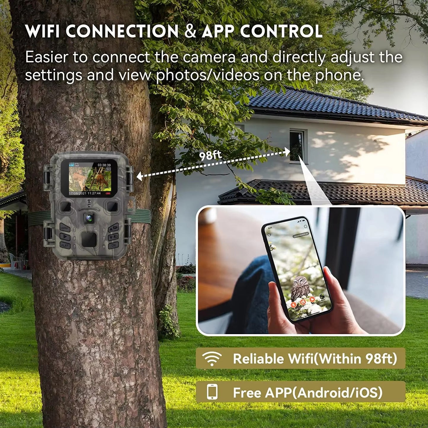 AethYrir Wildlife Camera trap on a tree with smartphone app control and Wi-Fi connectivity features.