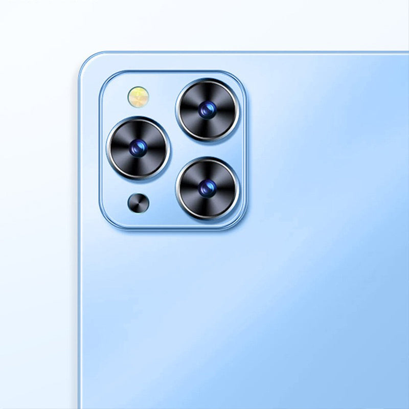 Close-up of a AetherTab Tablet with camera module on a light blue background