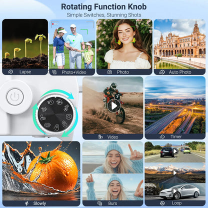 Rotating function knob with various photo and video modes displayed on a screen.