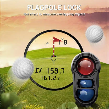 Golf AimeHole Golf Rangefinder with flagpole lock feature on a golf course background