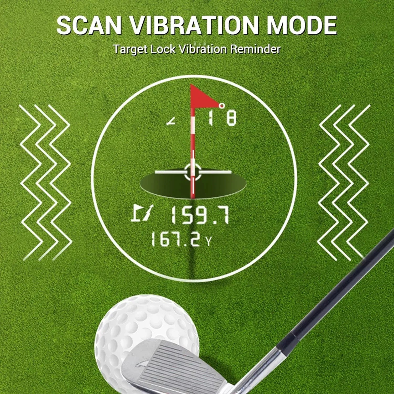 AimeHole Golf Rangefinder club and ball on a green background with digital display showing 'Scan Vibration Mode' text.