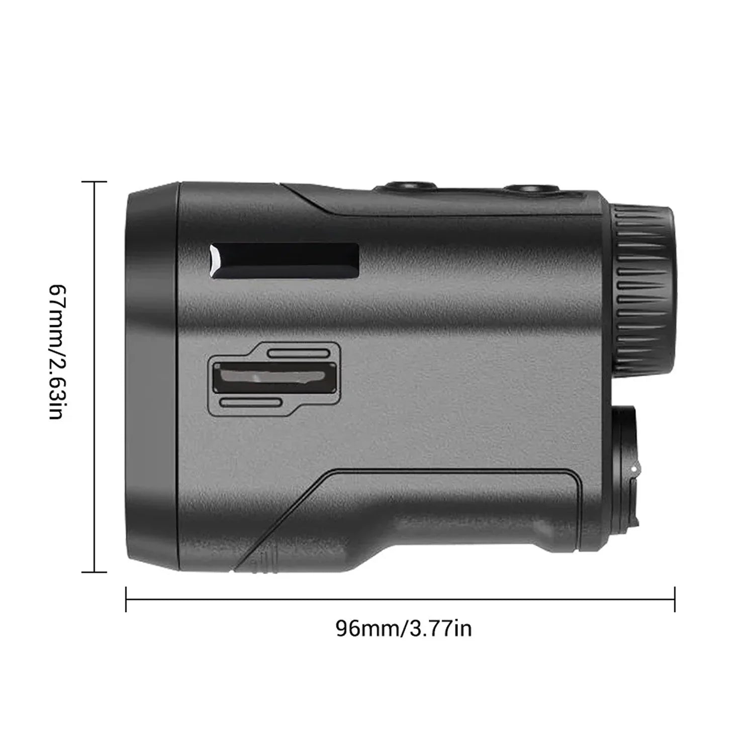 Black laser AimeHole Golf Rangefinder with dimensions indicated on a white background