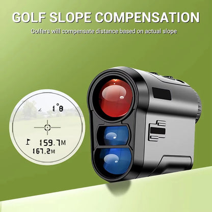 AimeHole Golf Rangefinder slope compensation device with digital display on a green background