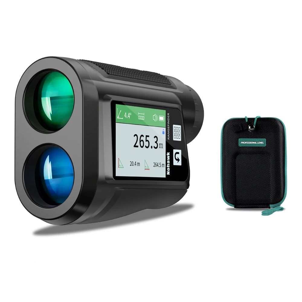 AimeHole Golf Rangefinder with digital display and carrying case on a white background