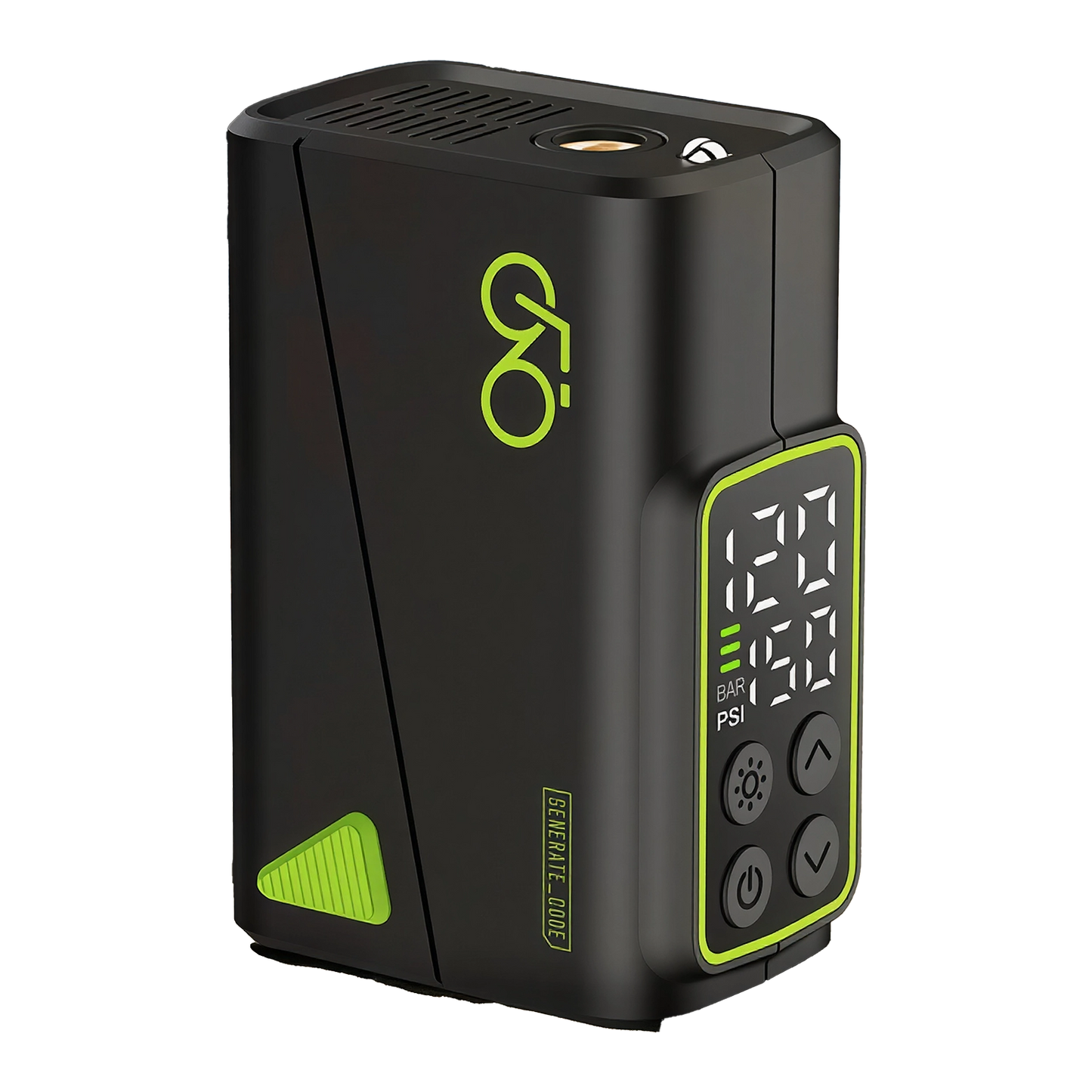 Black and green AirVoltix Electric Bike Pump with digital display on a white background