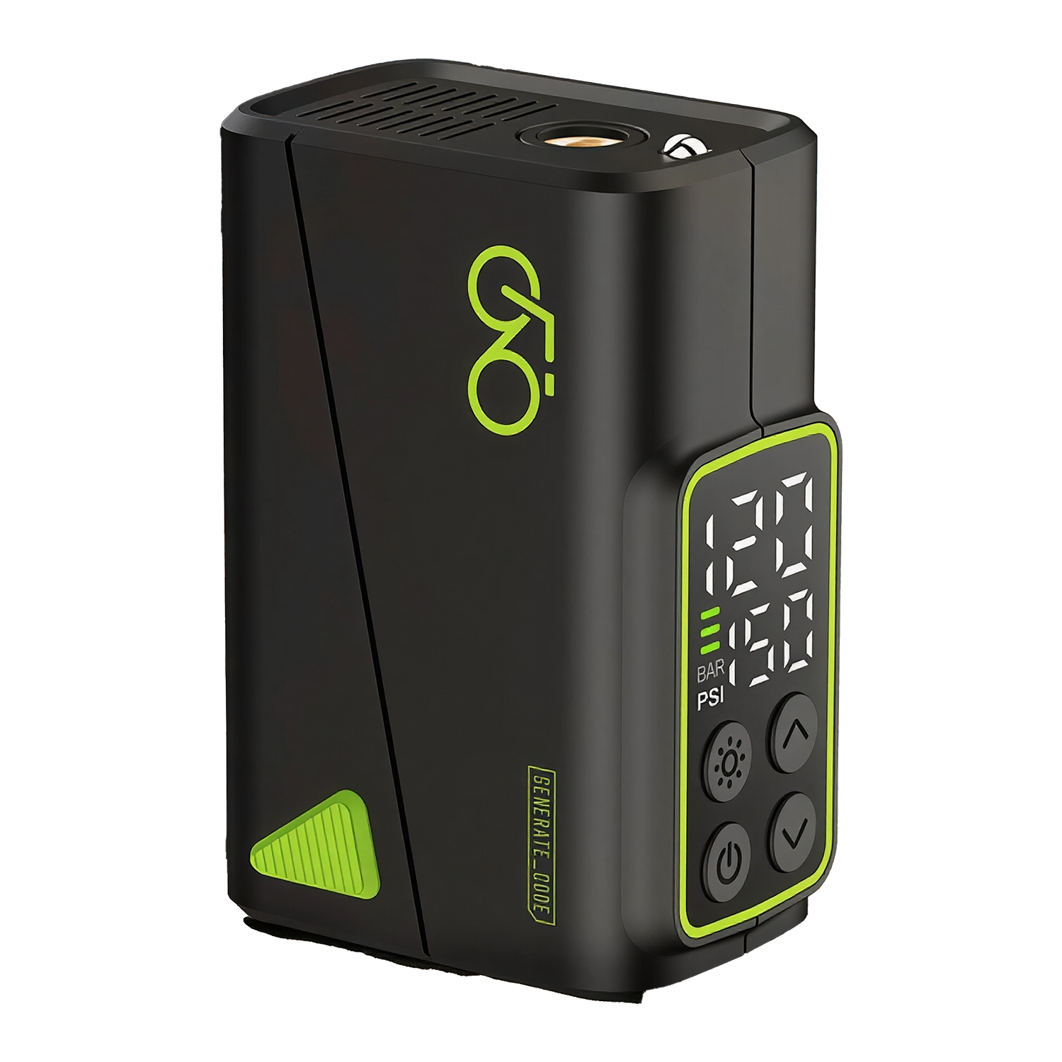 Black and green AirVoltix Electric Bike Pump with digital display on a white background
