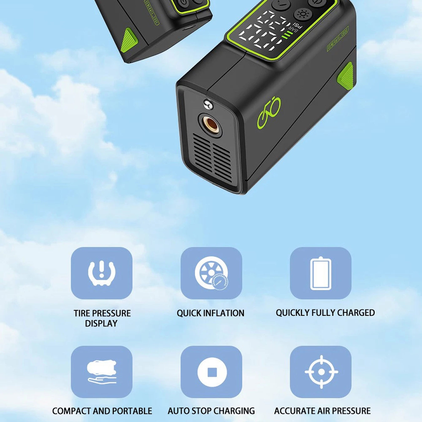Portable tire inflator with features displayed against a blue sky background