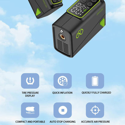 Portable tire inflator with features displayed against a blue sky background