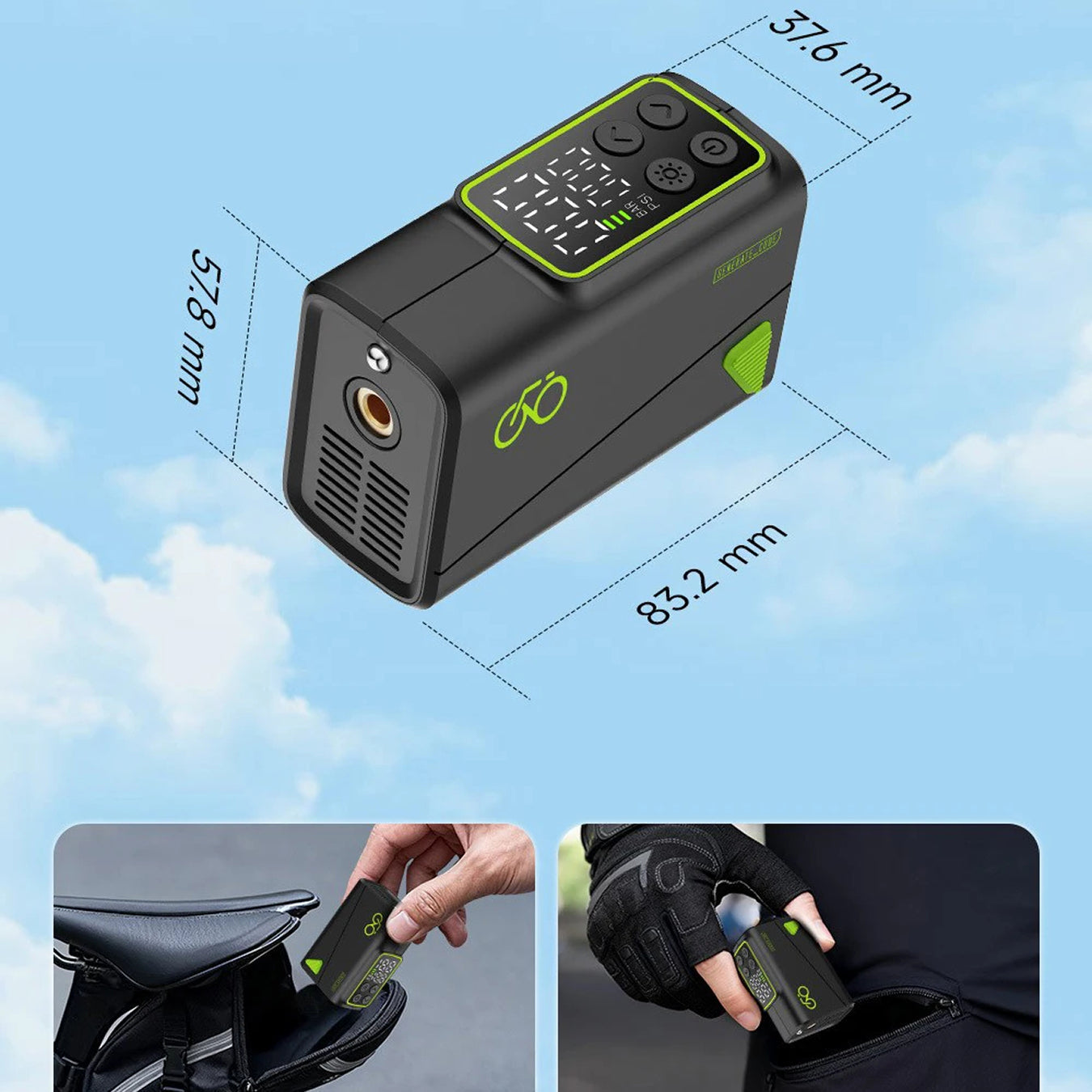 Black and green bike pump with measurement details on a blue sky background