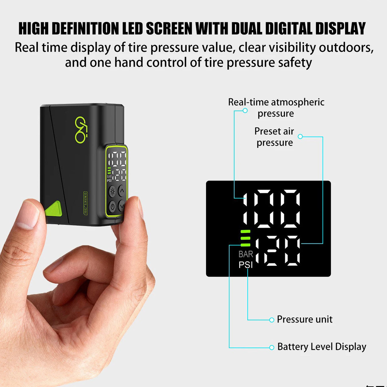 Hand holding a digital tire pressure monitor with labeled features on a white background