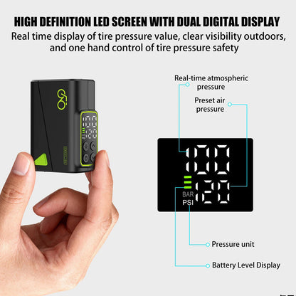 Hand holding a digital tire pressure monitor with labeled features on a white background