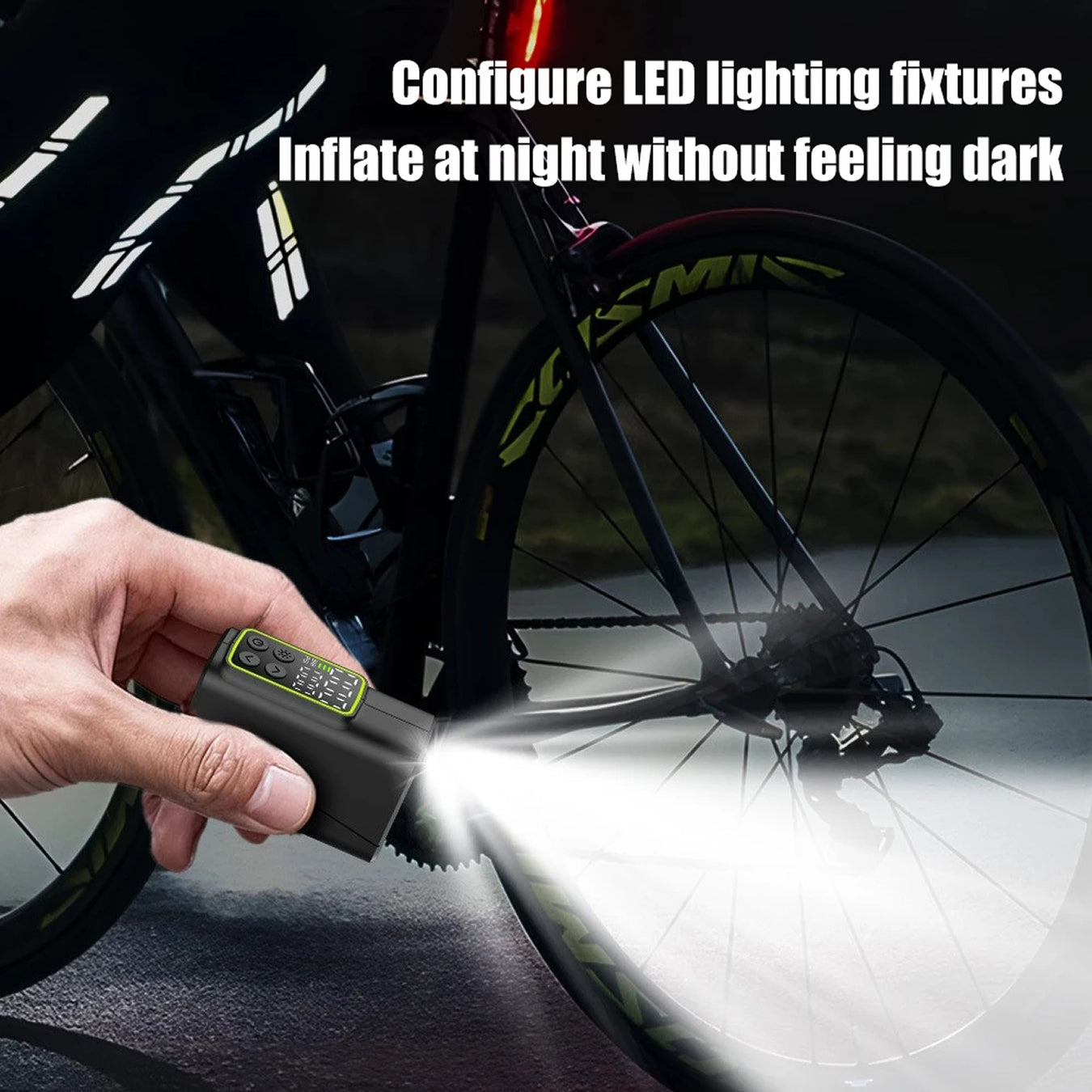Hand holding a flashlight near a bicycle tire with text about LED lighting fixtures.