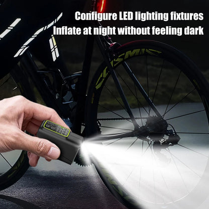 Hand holding a flashlight near a bicycle tire with text about LED lighting fixtures.