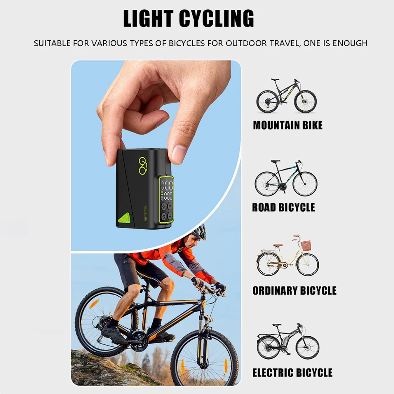 Light cycling AirVoltix Electric Bike Pump suitable for various types of bicycles with icons and text on a light gray background.