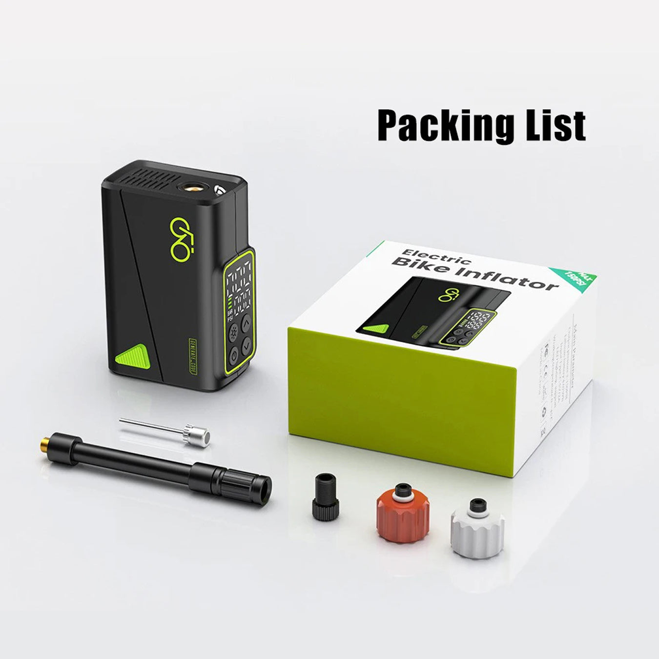 AirVoltix Electric Bike Pump inflator with accessories and packaging on a white background