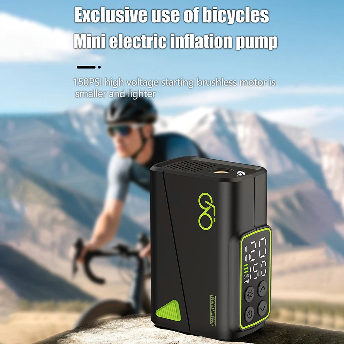 Mini AirVoltix Electric Bike Pump with digital display in front of a mountainous landscape and cyclist.