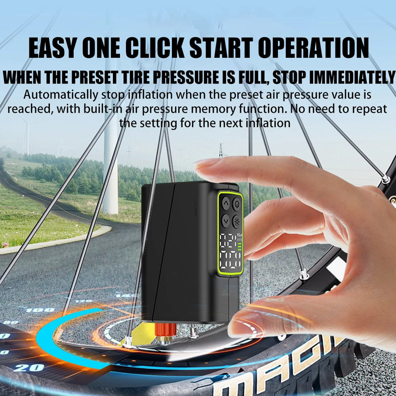 Hand holding a tire inflator with text about easy one-click start operation and built-in memory function.