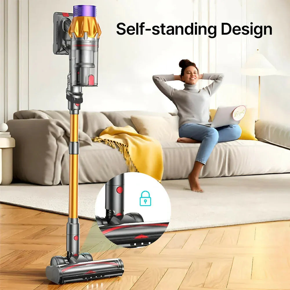 Person sitting on a couch with a Airvax Cordless Vacuum in the foreground, highlighting self-standing design feature.