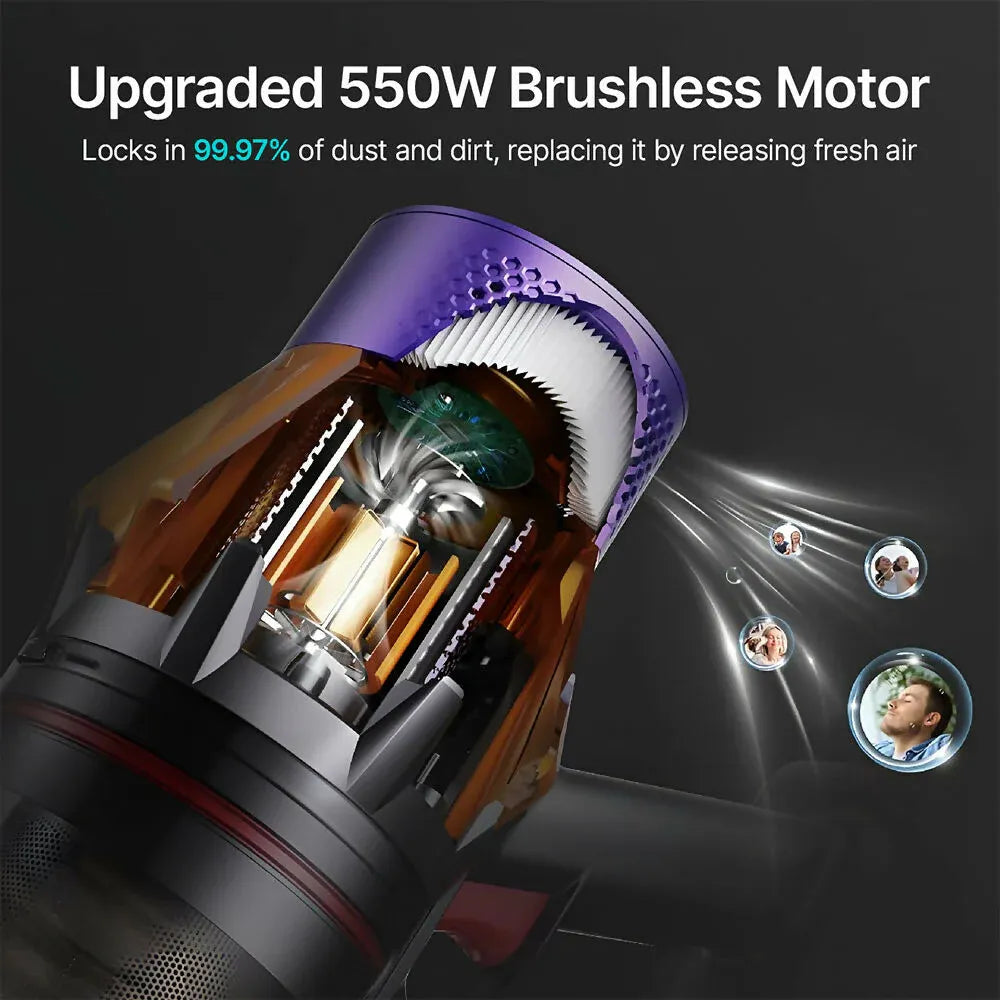 Close-up of a Airvax Cordless Vacuum brushless motor with text highlighting its power and dust removal capabilities.
