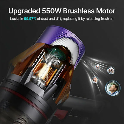 Close-up of a Airvax Cordless Vacuum brushless motor with text highlighting its power and dust removal capabilities.