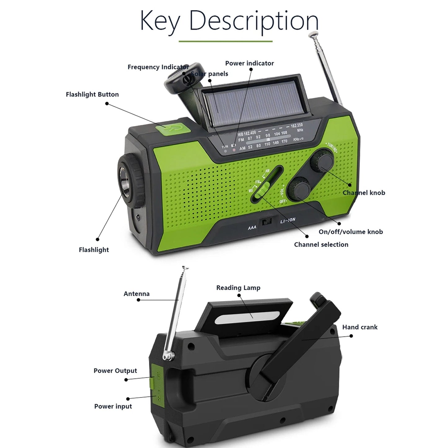 Green and black AlerSkyo Emergency Radio with labeled parts on a white background