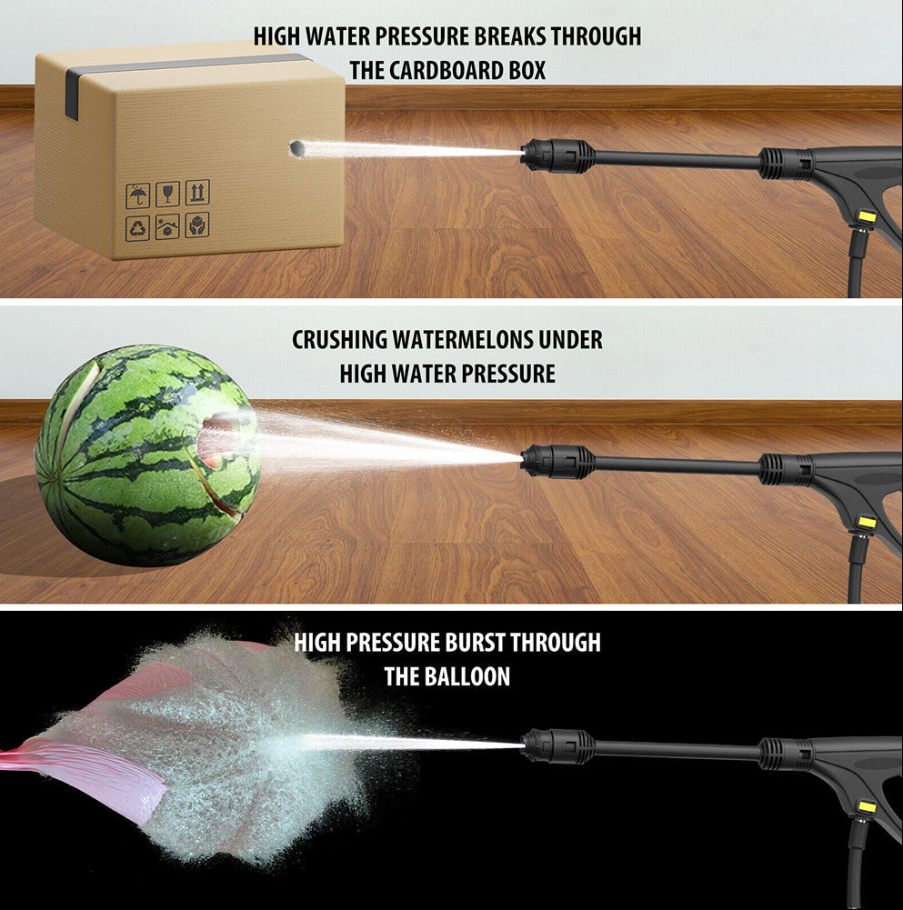 High AqaCleany Pressure Washer demonstration with a cardboard box, watermelon, and balloon on a wooden floor.