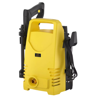 Yellow AqaCleany Pressure Washer with black handle and hose on a white background