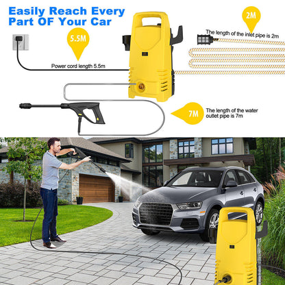 Yellow AqaCleany Pressure Washer with detailed specifications and a person using it to wash a car.