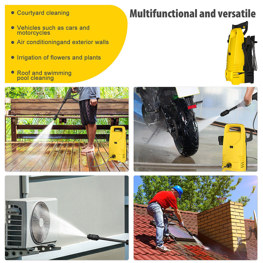 Multifunctional AqaCleany Pressure Washer being used for various cleaning tasks on a sunny day.