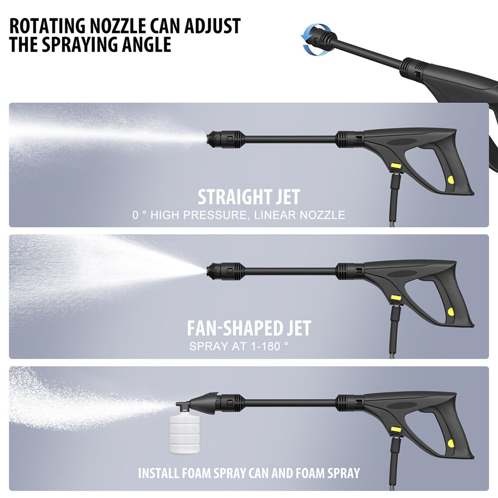 Illustration of a AqaCleany Pressure Washer nozzle with different spray patterns on a gray background.