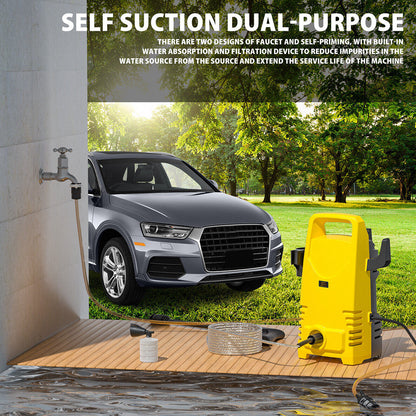 Yellow AqaCleany Pressure Washer next to a car being washed outdoors with trees in the background